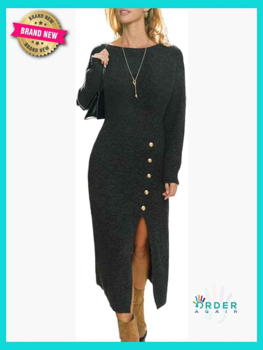 Midi Sweater Dress Bodycon Long Sleeve Crew Neck Button Slit Knit Winter